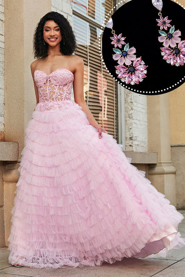 Vestido de fiesta largo con corsé largo escalonado sin tirantes rosa de una línea con conjunto de accesorios